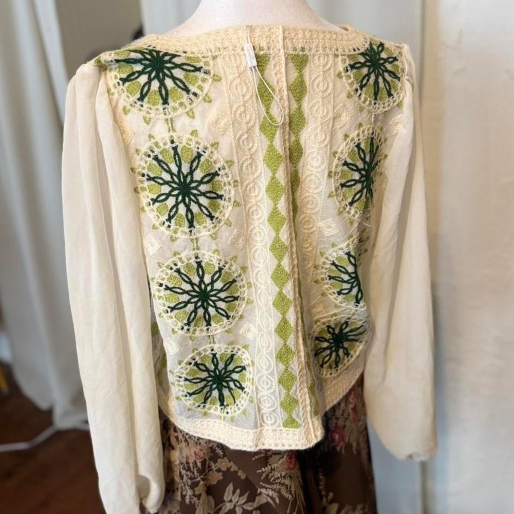 Women's Green and Cream Vintage Cardigan Top with Floral Embroidery - Picture 3 of 5